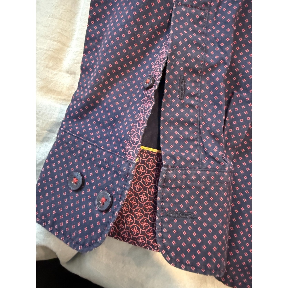 Denim & Flower Navy Button Up Men's Sz L Slim Fit Mixed‎ Blues Graphic Print - Picture 3 of 7